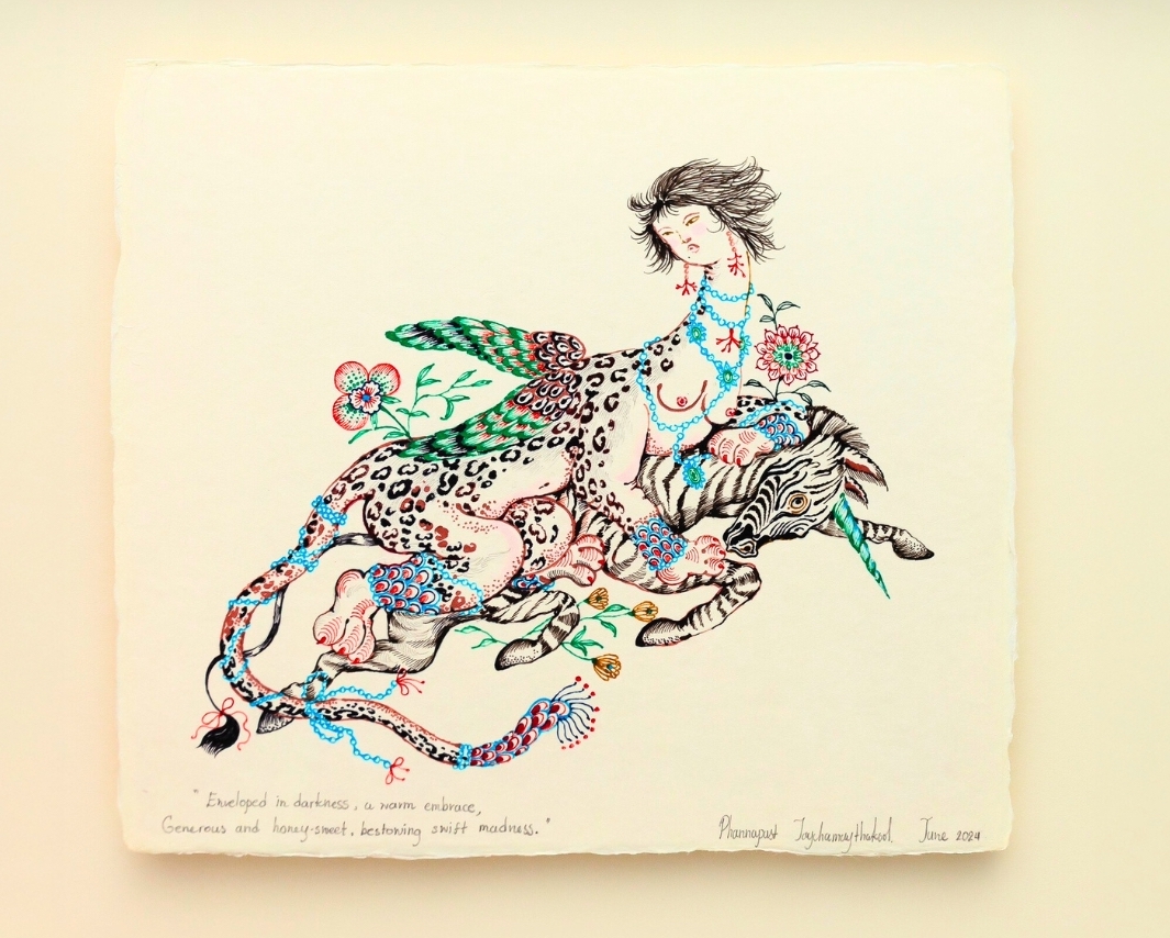 Enveloped in darkness, a warm embrace, generous and honey-sweet, bestowing swift madness